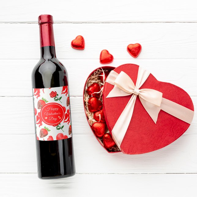 Watercolor Valentine's Day Pattern Wine Label (Creator Uploaded)
