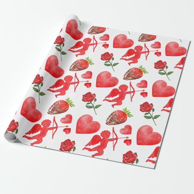 Watercolor Valentine's Day Pattern Wrapping Paper (Unrolled)