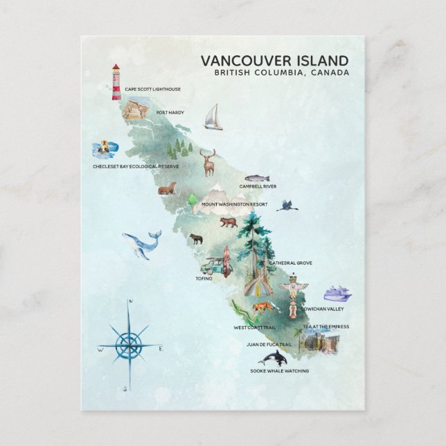Watercolor Vancouver Island Map Art Postcard (Front)