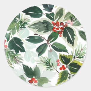 Watercolor Variegated Holly Pattern Christmas Classic Round Sticker