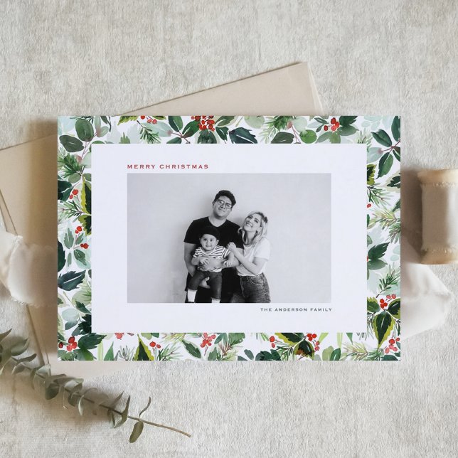 Watercolor Variegated Red Winterberry Christmas Holiday Card (Customizable botanical photo Christmas card featuring watercolor holly and greenery pattern. )