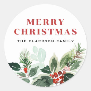 Watercolor Variegated Winterberry Leaves Christmas Classic Round Sticker