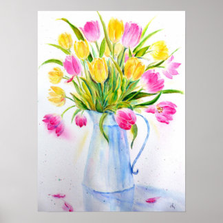 Watercolor Vase of Tulips Poster
