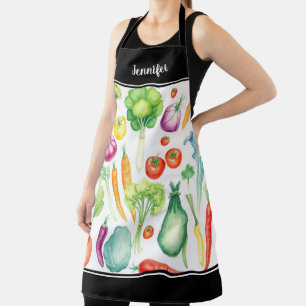 Watercolor vegetables pattern monogram name apron
