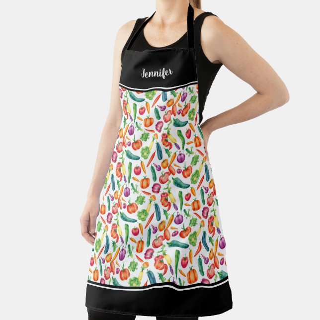 Watercolor vegetables pattern monogram name apron (Insitu)