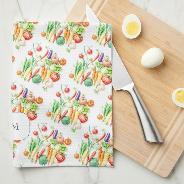 Watercolor vegetables pattern monogrammed kitchen towel (Quarter Fold)