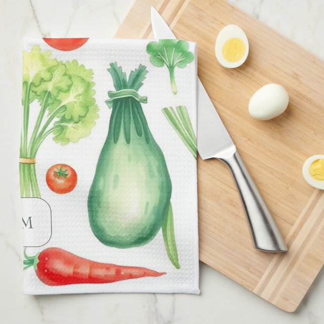 Watercolor vegetables pattern monogrammed kitchen towel (Quarter Fold)