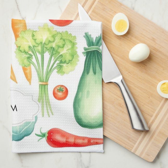 Watercolor vegetables pattern monogrammed kitchen towel (Quarter Fold)
