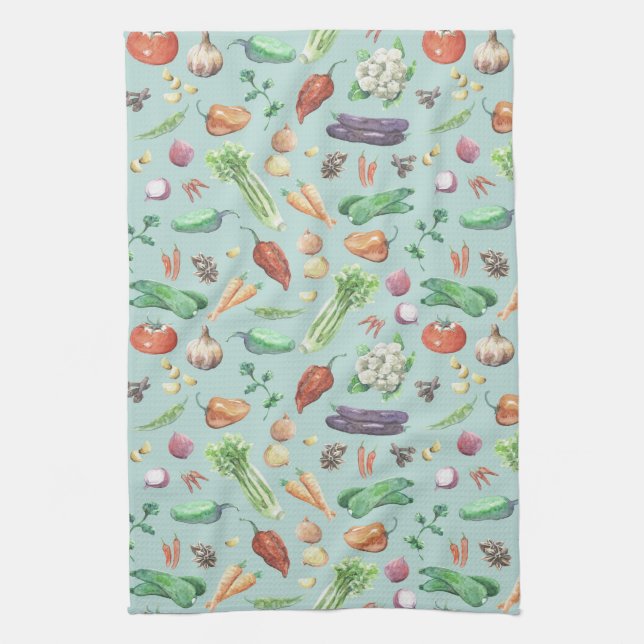Watercolor Veggies & Spices Pattern Kitchen Towel (Vertical)