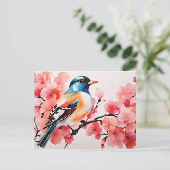 Watercolor Vibrant Bird In Cherry Blossoms Forest Postcard (Standing Front)