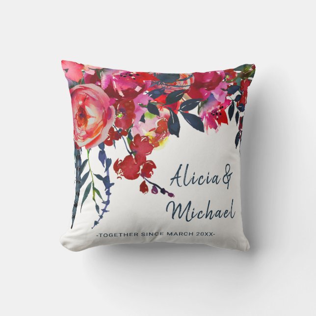 Watercolor vibrant boho chic red navy flowers throw pillow (Front)