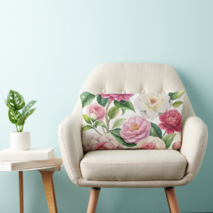 Watercolor Vibrant Camellia Lumbar Pillow