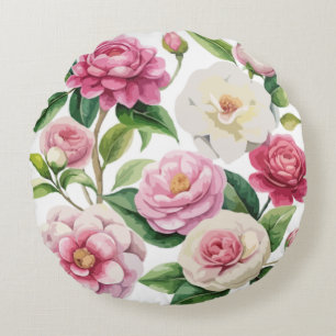 Watercolor Vibrant Camellia Round Pillow