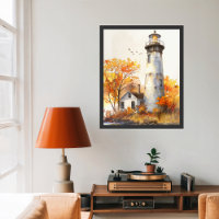 Watercolor Vibrant Coastal Autumn Lighthouse Scene
