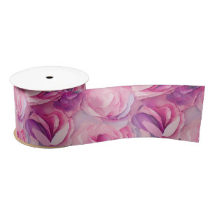Watercolor Vibrant Painted Pink Spring Flowers Satin Ribbon