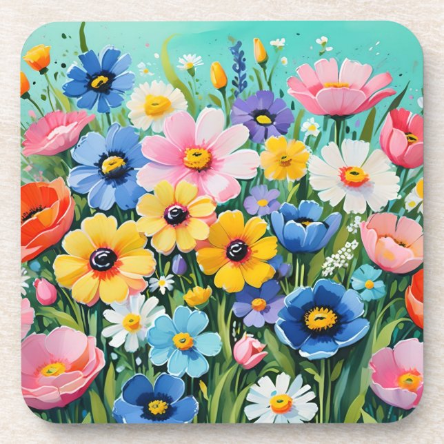 Watercolor Vibrant Spring Flowers Pattern Coaster (Front)