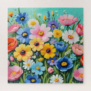 Watercolor Vibrant Spring Flowers Pattern Jigsaw Puzzle