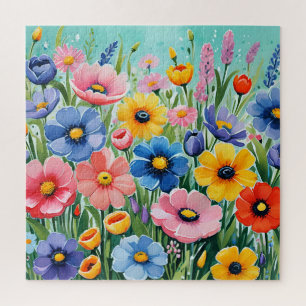 Watercolor Vibrant Spring Flowers Pattern Jigsaw Puzzle