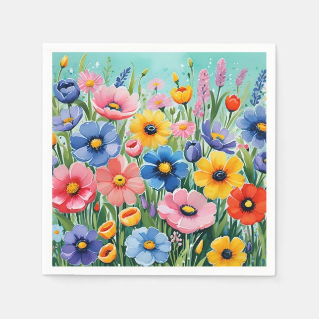 Watercolor Vibrant Spring Flowers Pattern Napkin (Front)