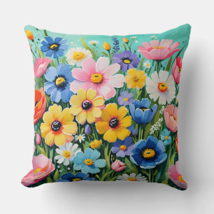 Watercolor Vibrant Spring Flowers Pattern Throw Pillow