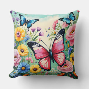Watercolor Vibrant Spring Flowers Pattern Throw Pillow