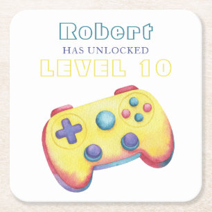 Watercolor Video Game Kids Birthday Square Paper Coaster