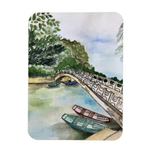 Watercolor, Vietnam, Ninh Binh Province landscape  Magnet