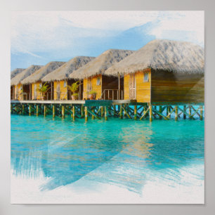 Watercolor Villa in Maldives Island Painting Poster
