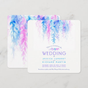 Watercolor vine blue purple square wedding invites