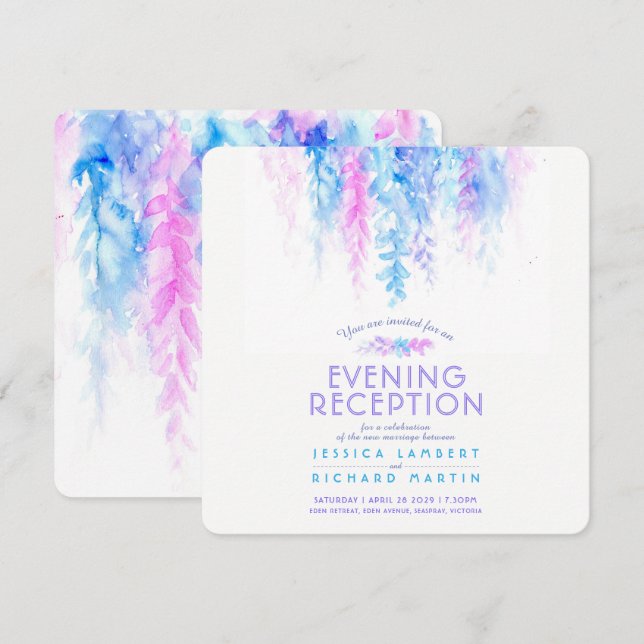 Watercolor vine blue square evening reception invitation (Front/Back)