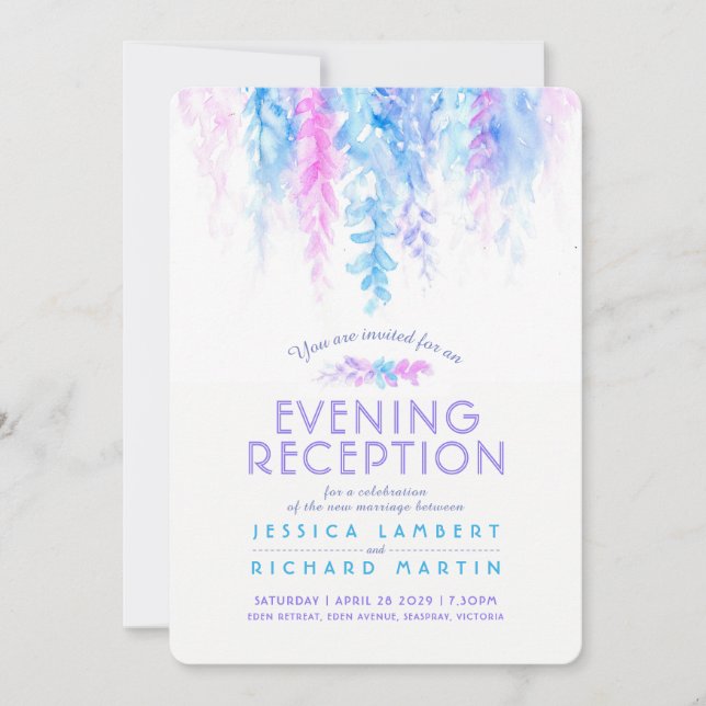 Watercolor vine blue vertical evening reception invitation (Front)