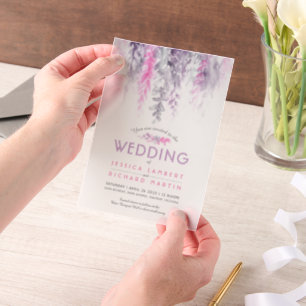 Watercolor vine pink purple gray wedding vellum invitations