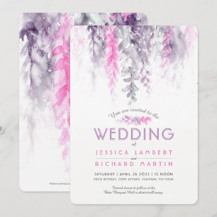 Watercolor vine pink purple grey wedding invitation