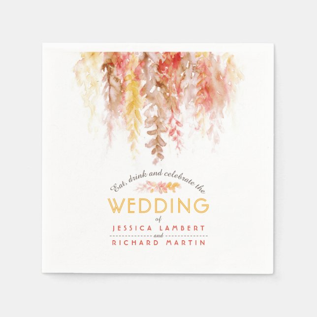 Watercolor vines orange red brown fall wedding napkin (Front)