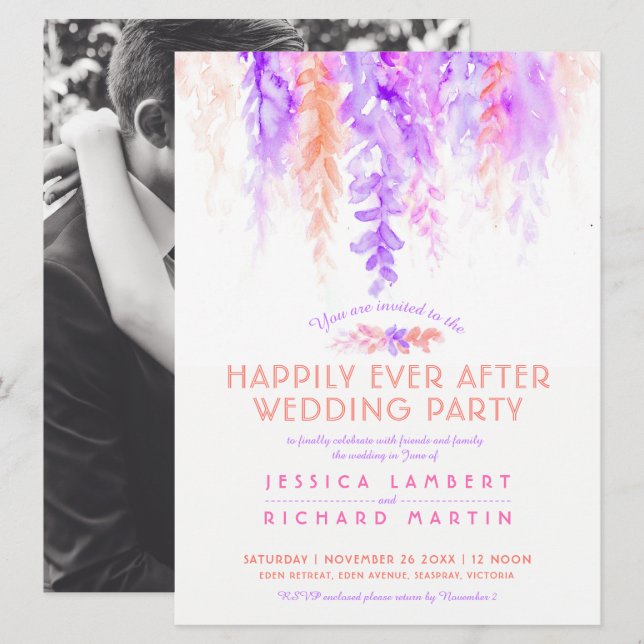 Watercolor vines purple orange after wedding party invitation (Front/Back)