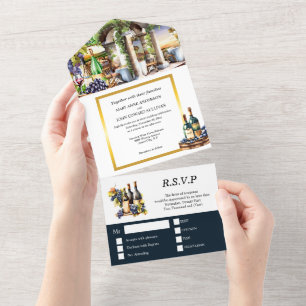Watercolor vineyard wine bottles grapes vine chic all in one invitation