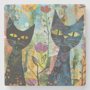 Watercolor Vintage Abstract Cat (4) Stone Coaster