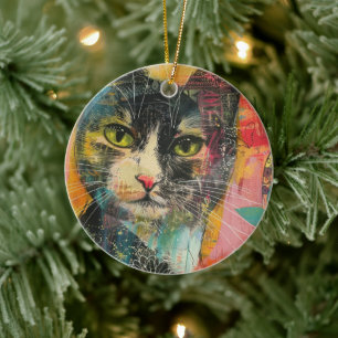 Watercolor Vintage Abstract Cat (6) Ceramic Ornament