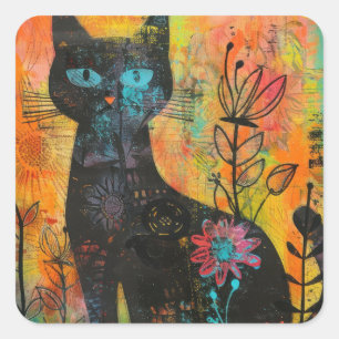 Watercolor Vintage Abstract Cat (9) Square Sticker