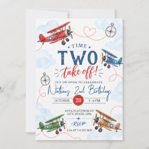 Watercolor Vintage Airplane Birthday Party Invitation