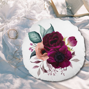 Watercolor Vintage Boho Purple Flowers Floral Round Pillow