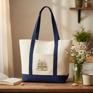 Watercolor Vintage Books and Wildflowers Tote Bag