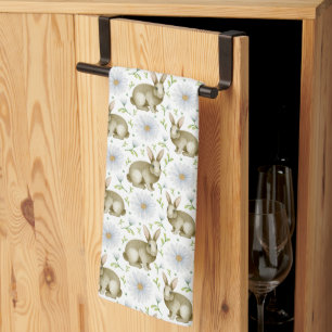 Watercolor Vintage Bunny & Daisy Flowers Easter Kitchen Towel