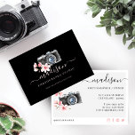 Watercolor Vintage Camera & Florals Photography Business Card<br><div class="desc">The perfect business card to promote your photography business. The front of the card features our hand-drawn black watercolor vintage camera, with our beautiful watercolor pink cherry blossoms framing the camera. Customize with your business name and website. The Reverse side features the contact info, social media icons, and handle as...</div>