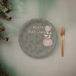 Watercolor Vintage Candy Snowman Merry Christmas Paper Plate<br><div class="desc">A hand-painted watercolor vintage unique candy snowman on charming Christmas paper plates in rustic sage & burgundy. Personalize for stylish gifting holiday treats</div>