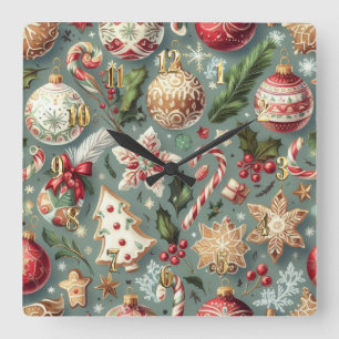 Watercolor Vintage Christmas Motifs Holiday  Square Wall Clock