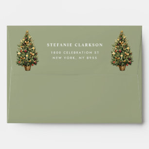 Watercolor Vintage Christmas Tree Green Holiday Envelope