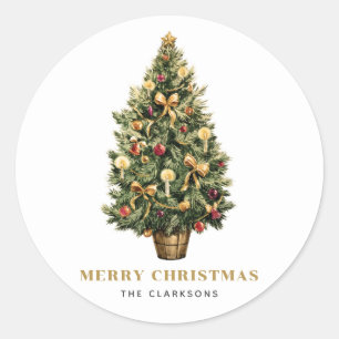 Watercolor Vintage Christmas Tree Holiday Classic Round Sticker