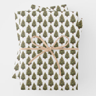 Watercolor Vintage Christmas Tree White Holiday Wrapping Paper Sheet