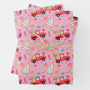 Watercolor Vintage Christmas Truck with Candy Wrapping Paper Sheet